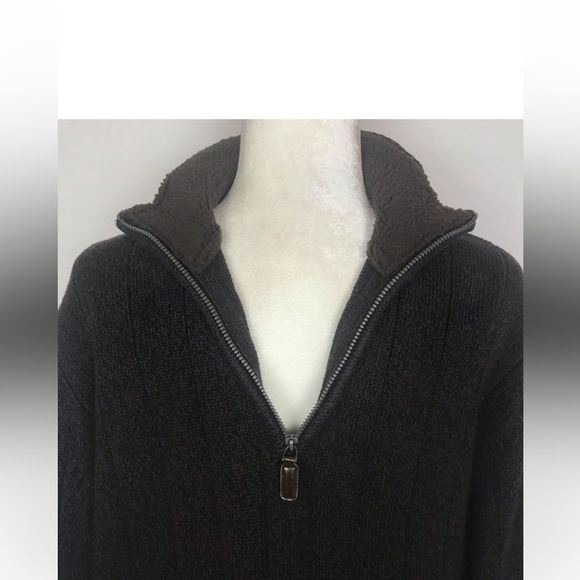 Oscar DeLa Renta 1/4Zip Dark Brown Mock Neck Ribbed Sherpa Lined Neck Sweater XL - Picture 4 of 16